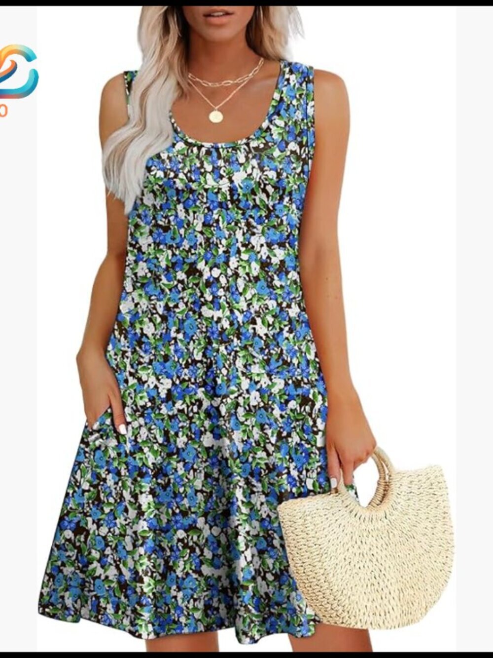 Knee-Length A-Line Sundress with Pockets, Sleeveless Loose Fit